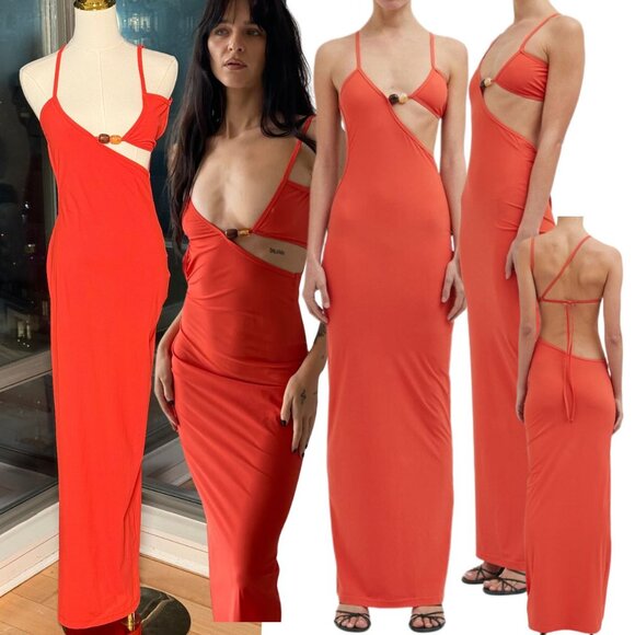 🆕 CHRISTOPHER ESBER 🧿 Crystal Cutaway Lycra Maxi Dress, Red/Orange, Sz AU8 US4